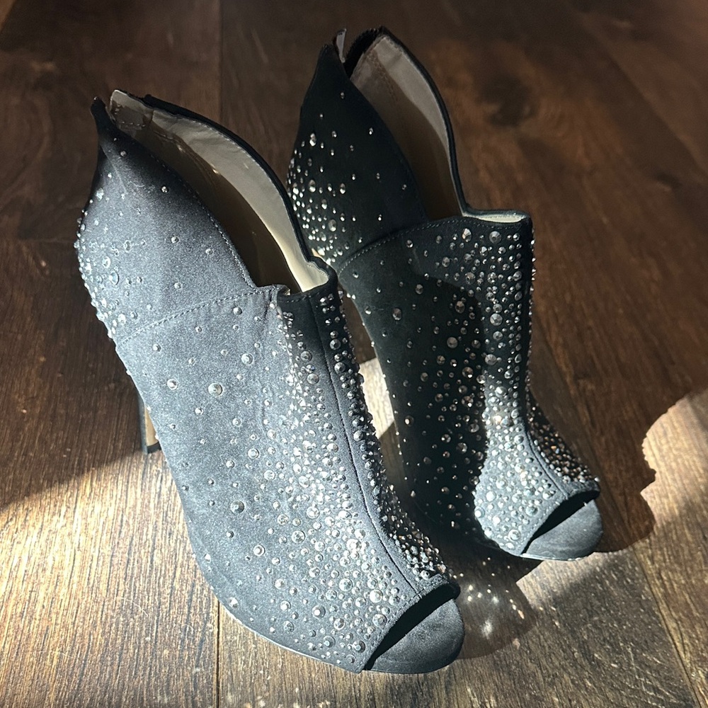 INC International Concepts Black Crystal Peep-Toe Ankle Booties - Picture 5 of 8